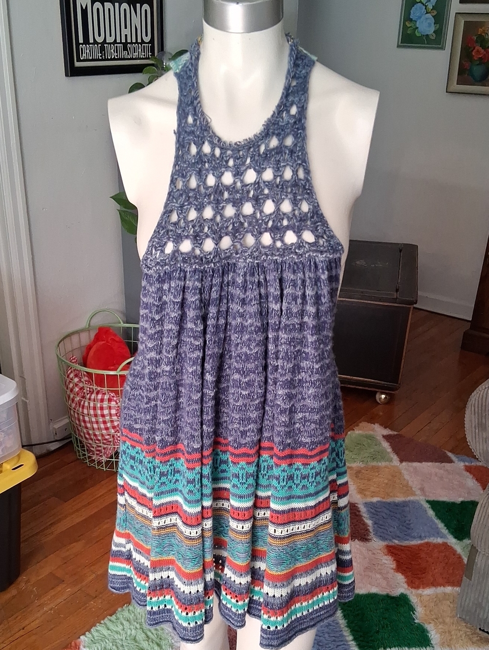 Blue Crochet Halter Knit Dress with Multicolor Trim